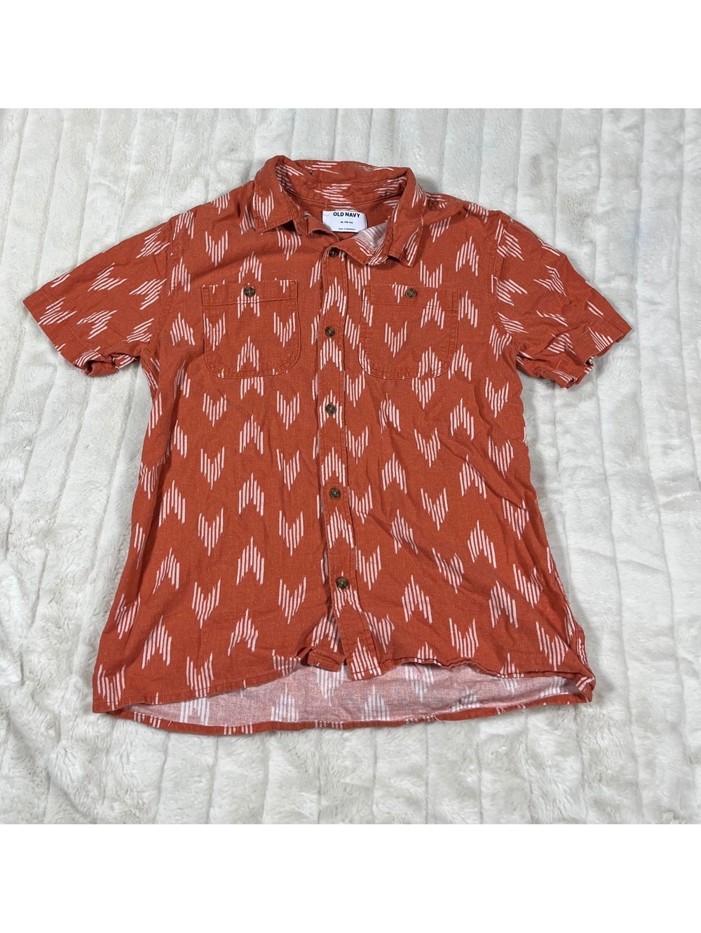 Old Navy Boys XL 14/16 Orange White Geometric Button Down Vacation Resort Shirt
